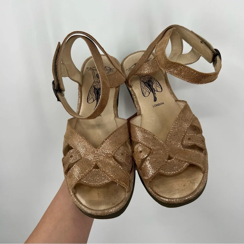 Fly London Women's Metallic Tan Wedge Sandals